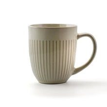 Stoneware mug with vertical ribbed texture and C-shaped handle, white