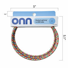 onn braided Lightning to USB cable, rainbow multicolor braid with length dimensions