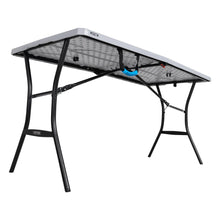 Gray folding table underside with black legs and gray perforated panel support.