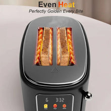 Black 2-slice toaster with glowing heating elements and two upright slices in slots