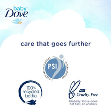 Baby Dove care banner with PSI, recycled bottle, and PETA icons