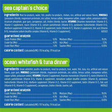 Wet cat food label panel with seafood flavors and guaranteed analysis