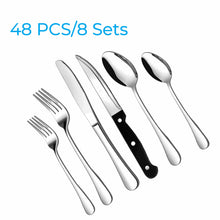 Stainless steel flatware set with forks, knives, and spoons shown in an array