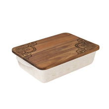 Rectangular ceramic casserole baking dish with dark wood lid and embossed linen pattern