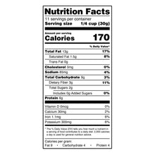 Nutrition Facts panel with calories, fat, sodium, fiber, and protein details