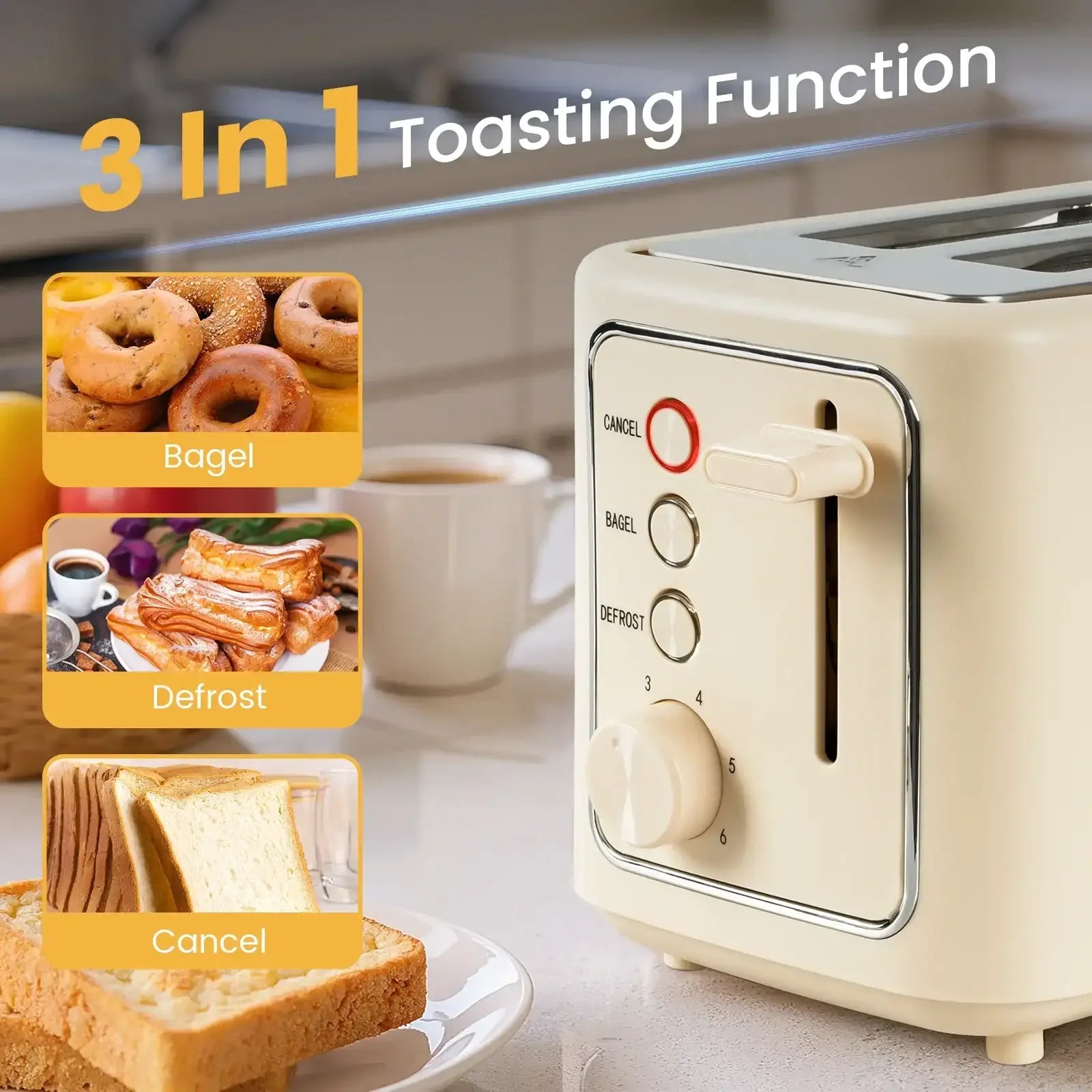 VAVSEA 2 Slice Toaster, 1000W Bread Toaster Machine with Extra Wide Slot, 6 Shade Settings and LED for Bagels, Waffles, Bread, Removable Crumb Tray, Breakfast Helper, Beige - USA MEGA SHOP