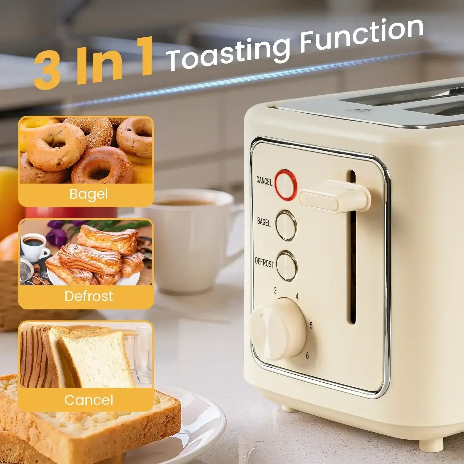 VAVSEA 2 Slice Toaster, 1000W Bread Toaster Machine with Extra Wide Slot, 6 Shade Settings and LED for Bagels, Waffles, Bread, Removable Crumb Tray, Breakfast Helper, Beige