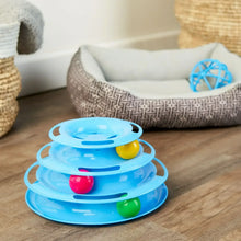 Triple-tier blue cat ball tower toy with stacked loops and yellow, pink, green balls