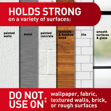 Command replacement strips hold on painted walls, metal, laminate, tile, and smooth glass
