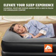Inflatable air mattress with gray top and built-in head pillow, dark side rim