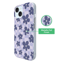 Purple checkered floral phone case side profile with button and port openings