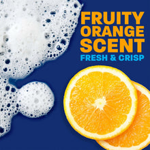 Fruity orange scented soap graphic with foam bubbles and orange slices