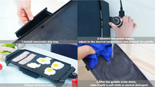 Electric griddle showing removable drip tray and adjustable temperature control