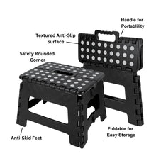 Foldable plastic step stool, black with dot-pattern anti-slip top, rounded safety corners