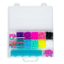 Rainbow Loom kit storage case with rainbow rubber bands, multicolor compartments
