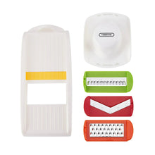 Mandoline slicer accessory pieces: white frame with yellow insert and colored blade holders