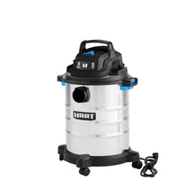 Hart 6-gal stainless wet/dry vacuum with front suction port, blue accents and hose
