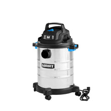 Hart wet/dry vacuum front with side suction port, wheels, and power cord