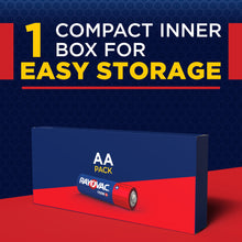 Rayovac Fusion AA alkaline batteries in a compact inner box with red battery illustration