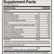Supplement Facts table for immune support effervescent tablets, serving size 1