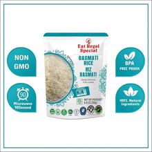 Basmati rice pouch with Non-GMO, BPA-free pouch, and 90-second microwave icons
