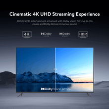 TV showing 4K UHD streaming with Dolby Vision Atmos split-screen