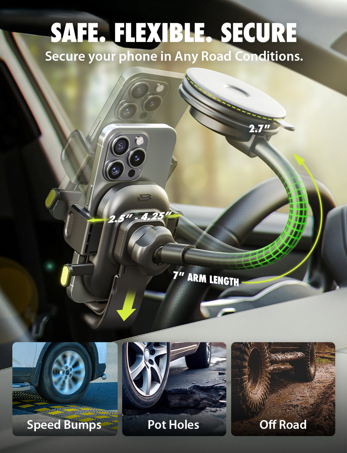 Bracketron OneClick 3-in-1 Car Phone Mount for Dashboard, Windshield & Vent with 7” Flexible Gooseneck, One-Handed Click Grip, 360° Rotation, TemperBond Suction