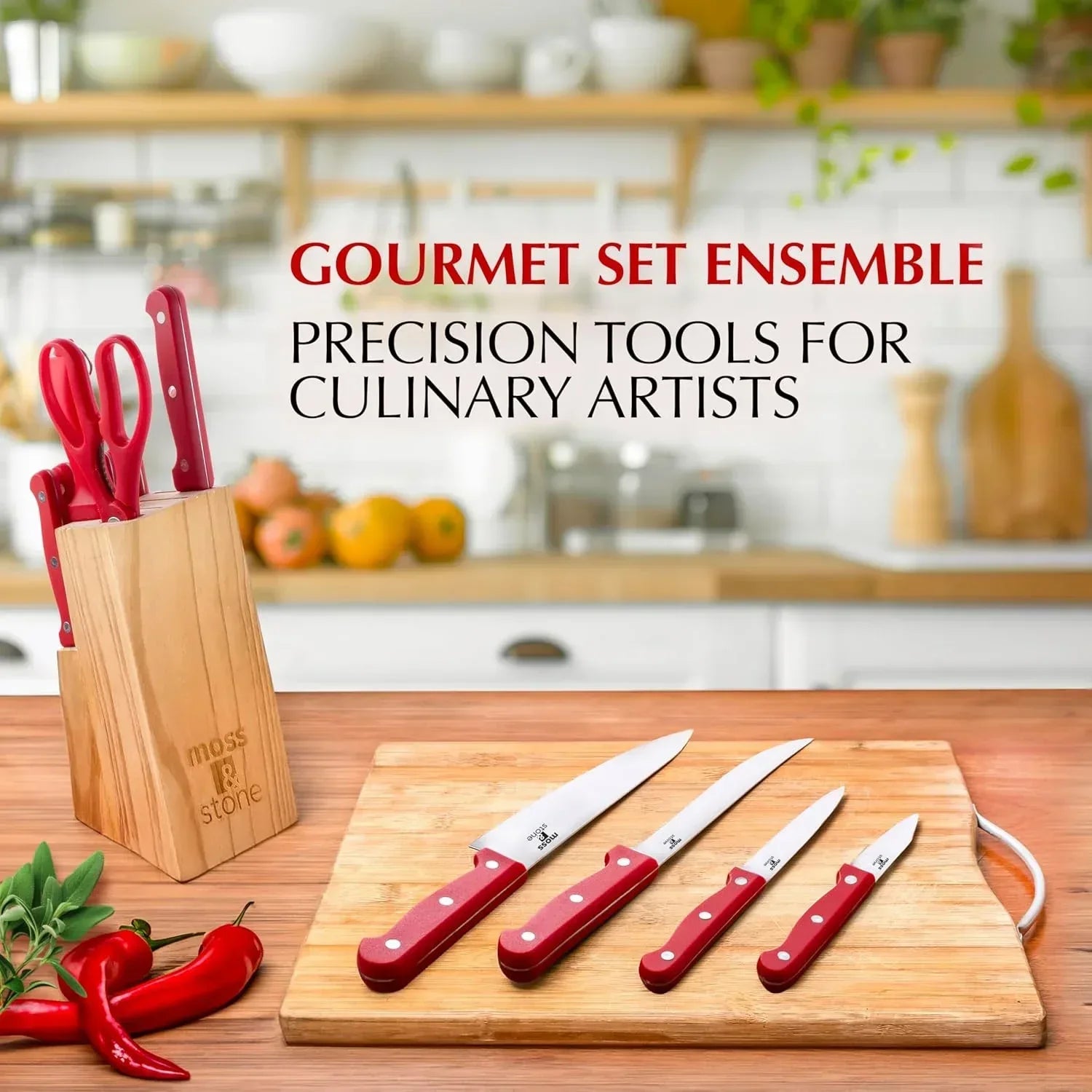 Moss & Stone Professional Kitchen Knife Chef Set, Small Knife Set With Block, Black Titanium Plated Kitchen Knife Set, Stainless Steel Scratch Resistant & Rust Proof Sharp Kitchen Knives. - USA MEGA SHOP
