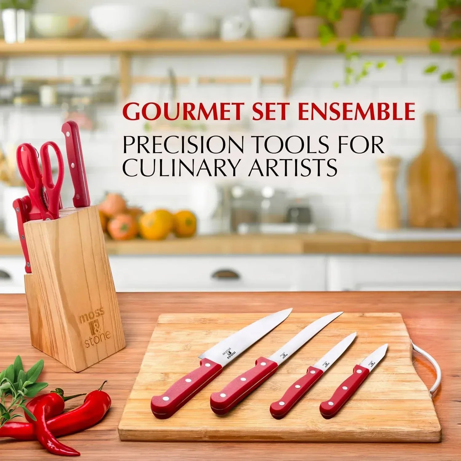 Moss & Stone Professional Kitchen Knife Chef Set, Small Knife Set With Block, Black Titanium Plated Kitchen Knife Set, Stainless Steel Scratch Resistant & Rust Proof Sharp Kitchen Knives.