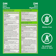 Robitussin daytime and nighttime DM Drug Facts panels with gluten-free badge