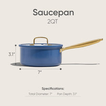 Blue tri-ply stainless saucepan with lid and gold handle, 2QT size