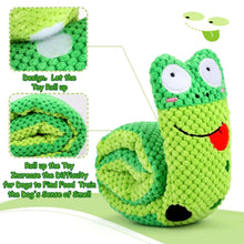 Green crocheted rolled snuffle toy with cactus-face end and visible stuffing panels.