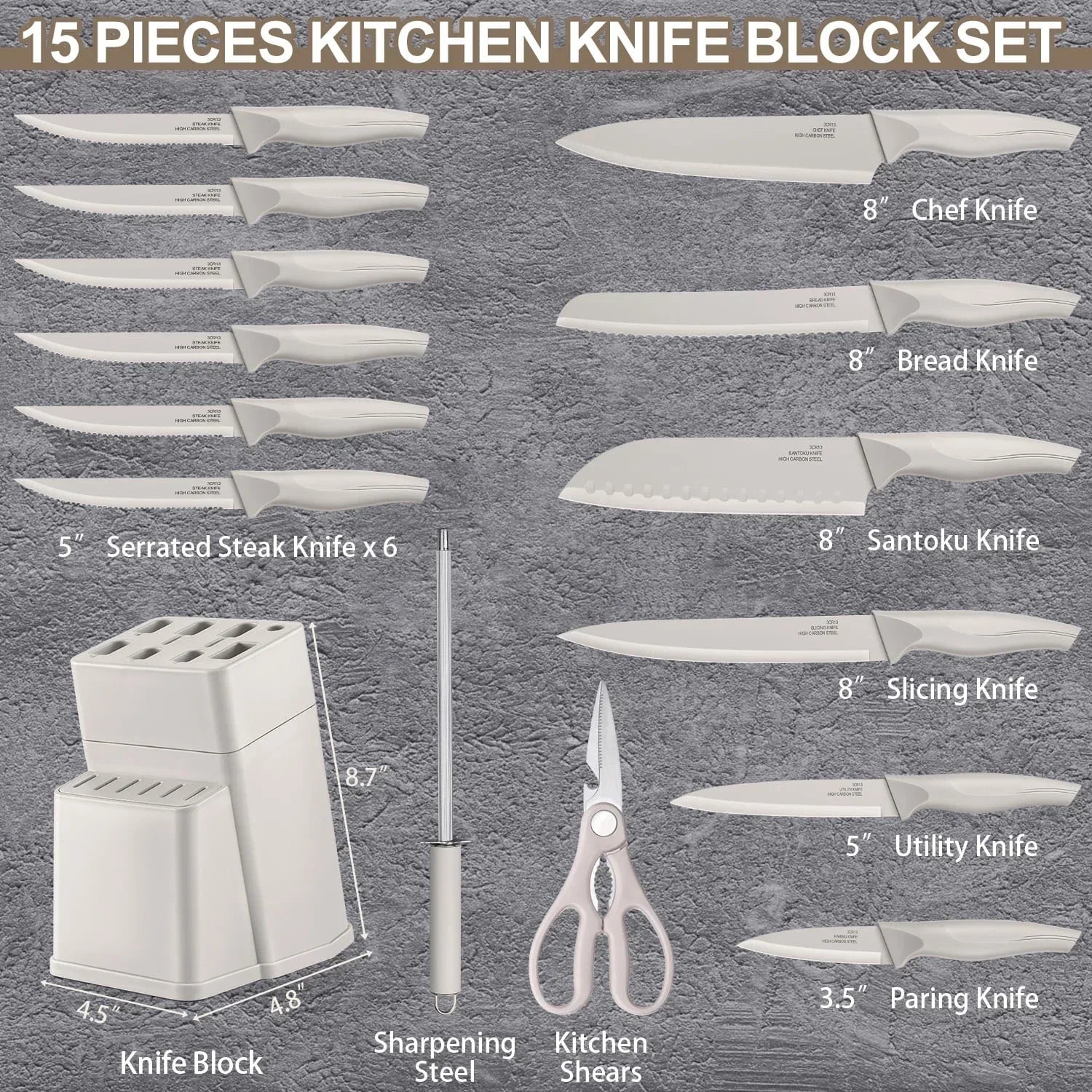 Walchoice 15 Pieces Knife Set with Block, High Carbon Stainless Steel Kitchen Knife Set with Sharpener, Rust Resistant & Dishwasher Safe - USA MEGA SHOP