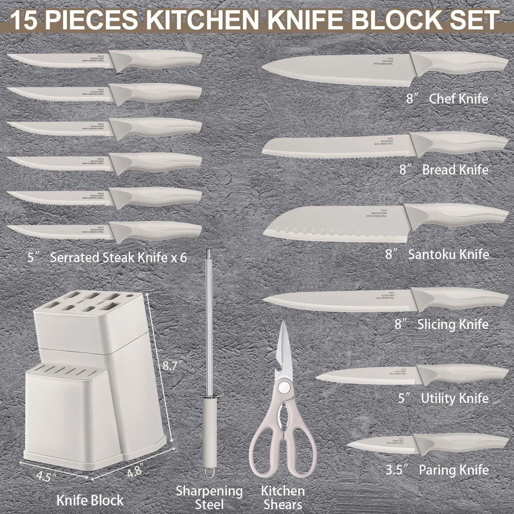 Walchoice 15 Pieces Knife Set with Block, High Carbon Stainless Steel Kitchen Knife Set with Sharpener, Rust Resistant & Dishwasher Safe - USA MEGA SHOP