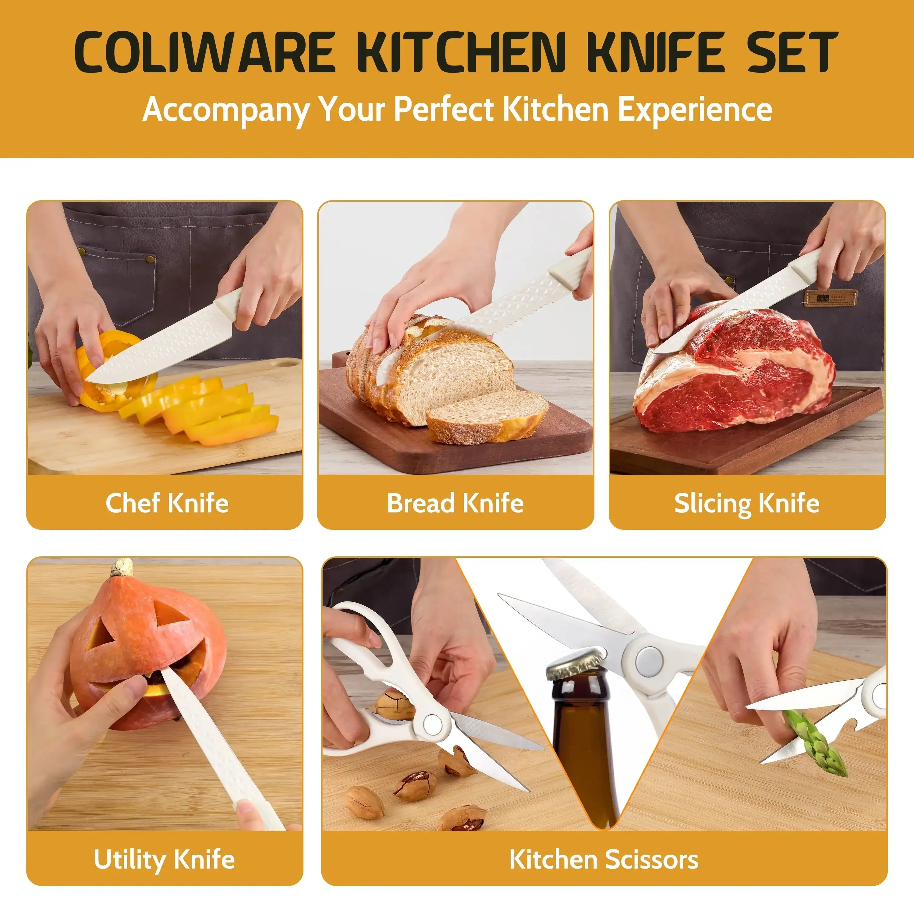 Joyfair Kitchen Knife Set, 7 Pcs Stainless Steel White Knives Block Set for Chef, Super Sharp Professional Knife Set with Universal Knife Block for Home Restaurant, Non-Stick & Anti-Rust - USA MEGA SHOP