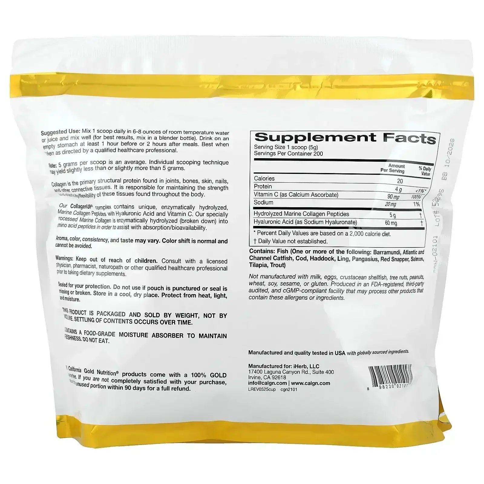California Gold Nutrition CollagenUP®, Hydrolyzed Marine Collagen Peptides with Hyaluronic Acid and Vitamin C, Unflavored, 7.26 oz (206 g)