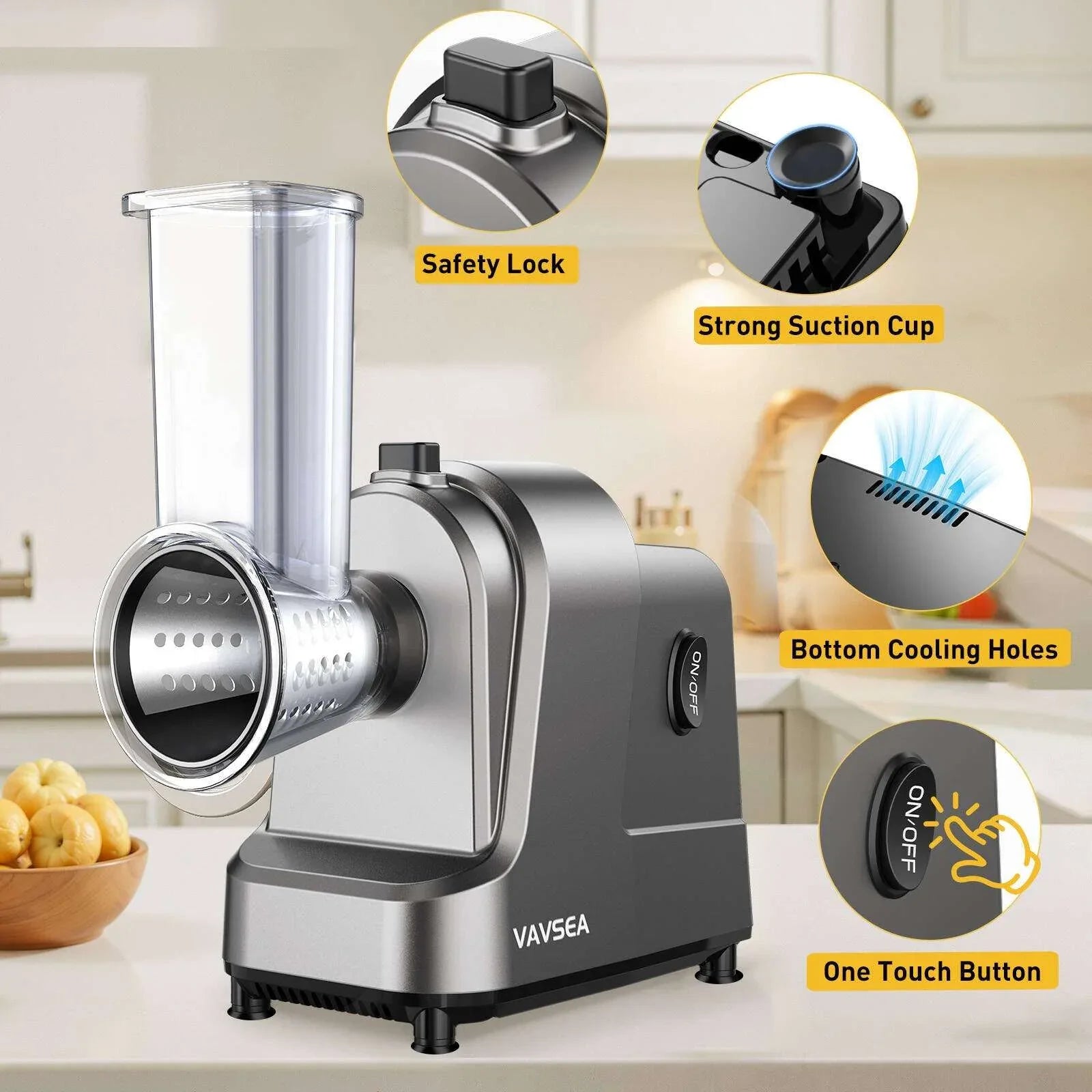 VAVSEA 5-in-1 Electric Cheese Grater, 400W Electric Cheese Shredder with 5 Stainless Blades, Salad Maker with One-Touch Control for Cheese, Vegetables and Fruits, Gifts for Christmas - USA MEGA SHOP