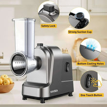 Electric cheese grater with safety lock, one-touch button, and transparent feed hopper.