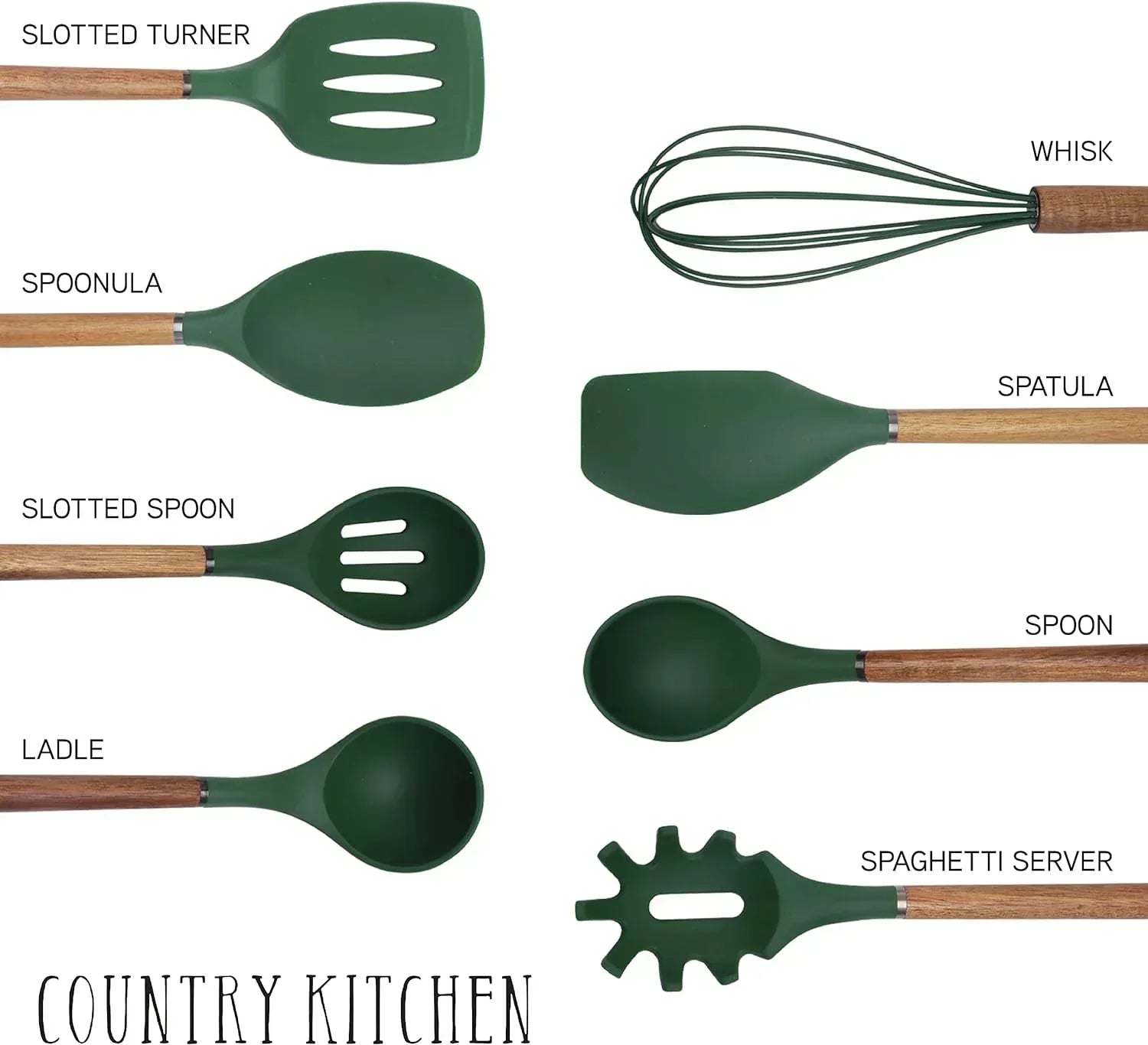 Country Kitchen 8-Pc Cooking Utensils Set Silicone Spatula & Kitchen Gadgets, Green