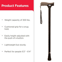 Black walking cane with cushioned grip and wrist strap, shown with feature panel