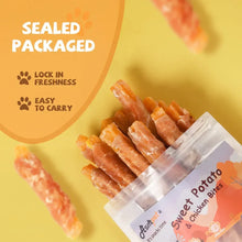 Sealed bag of orange chew sticks labeled Sweet Potato chicken bites; bag front