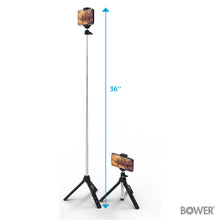 Black 36-inch selfie tripod with smartphone mount on a tall extendable pole