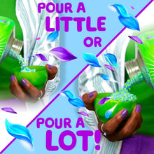 Laundry scent booster beads in green cups being poured, with blue and purple leaf accents