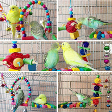 Colorful parrot cage swing with multicolor beads, wooden blocks, and hanging links