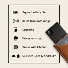 Black Tile Slim 2024 beside feature icons for battery, Bluetooth, and water resistance