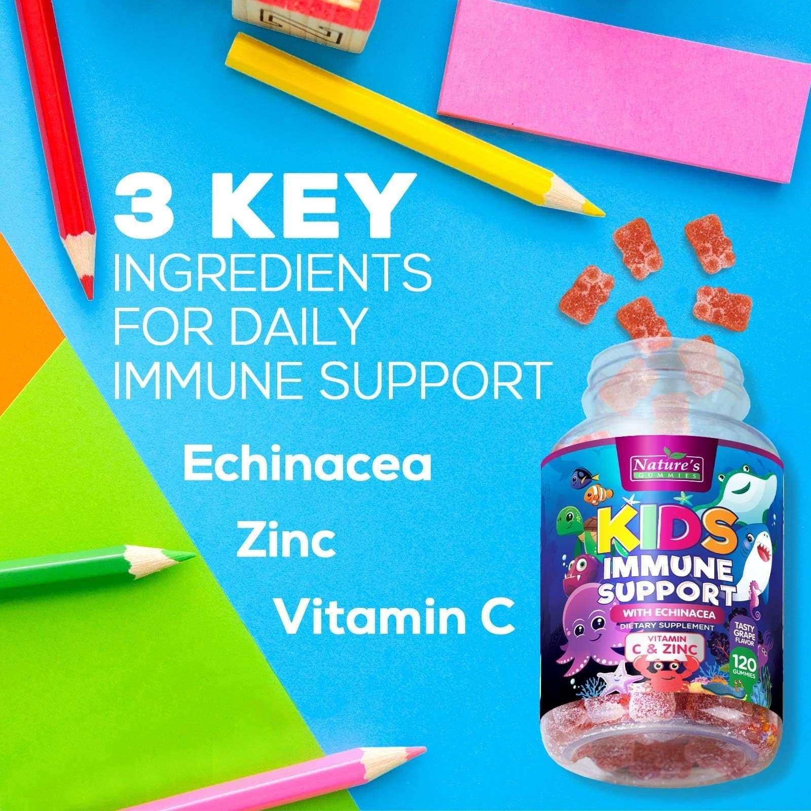 Kids Immune Support Supplement Gummies with Vitamin C, Zinc & Echinacea, Natural Berry Flavor, Ages 4+, 120 Gummies