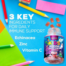Kids immune support gummy bottle on a key-ingredients graphic for daily immune support
