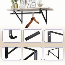 Black wall-mounted closet rod bracket set with U-shaped hooks on a shelf support