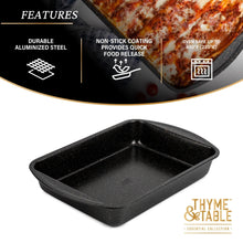 Black speckled deep rectangular baking pan with nonstick coating, short handles