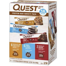 Quest protein bar variety pack box with 14-bar label and flavor images